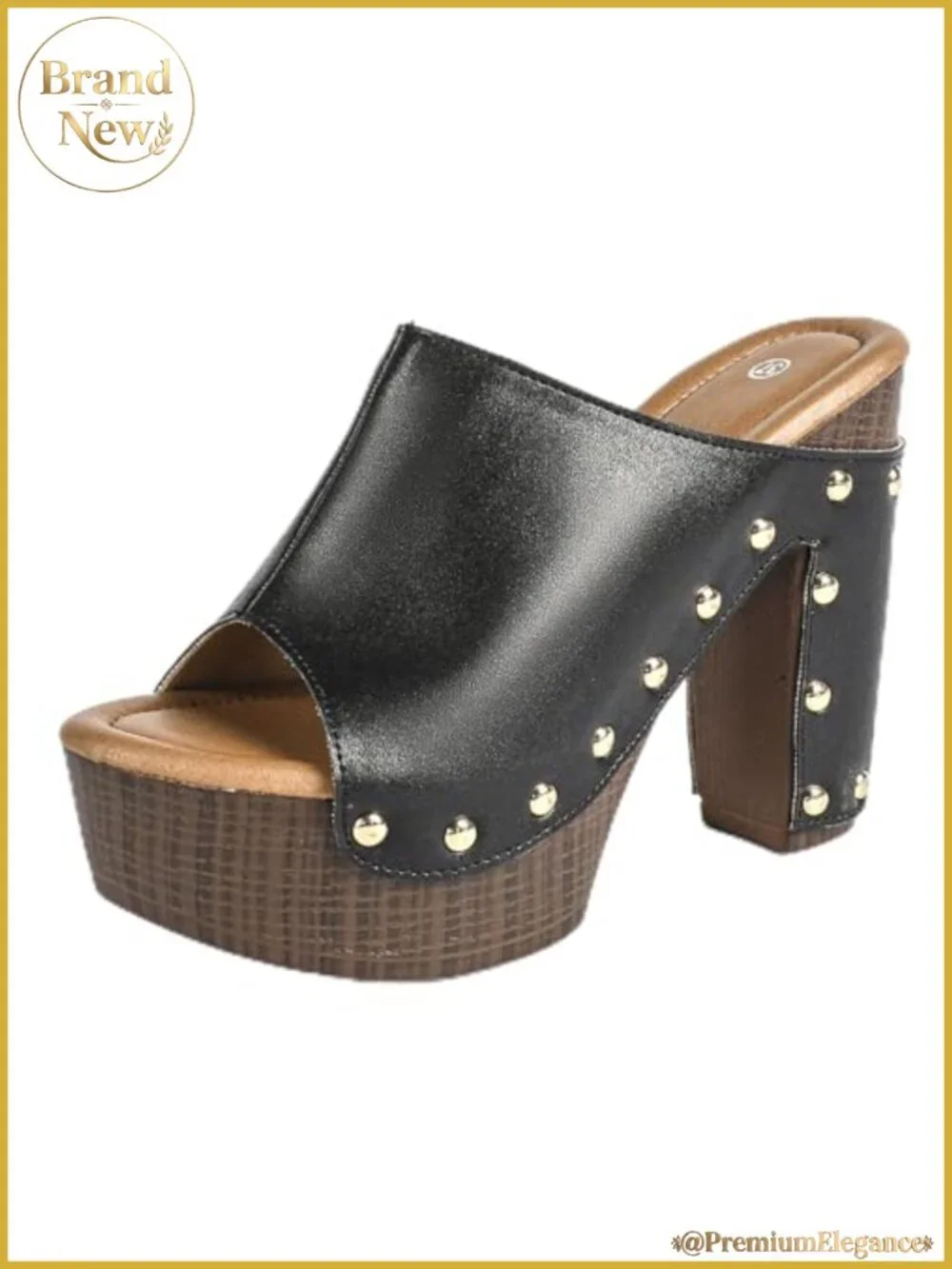 Women's Leather Platform Stacked Heel Sandals Peep-Toe Rivet Slip On Chunky